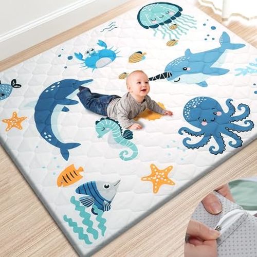 TINYHARBO Premium Foam Baby Play Mat 59x59 – Removable & Machine Washable Cover, Extra Thick Padding Playpen Mat, Non-Slip Crawling Mat, Easy to Clean for Infants, Toddlers & Babies