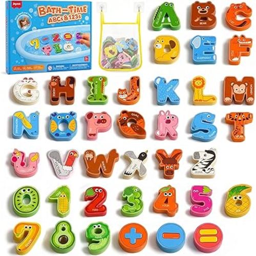 Joycat Bath Letters and Numbers for Toddlers, 39 PCS Foam Bath Toys with 26 Animal Alphabet Letters, 10 Fruit & Vegetable Numbers, 3 Math Symbols and Storage Bag, Bathtub Learning Toys for Kids