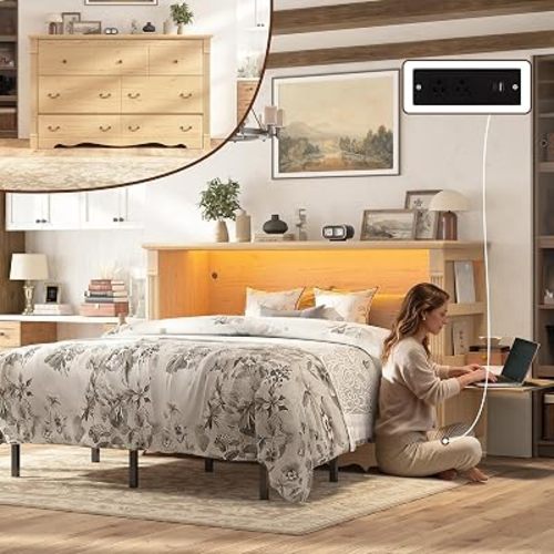 Full Murphy Bed with Desktop and Shelves, Cabinet Bed with Charging, Oak