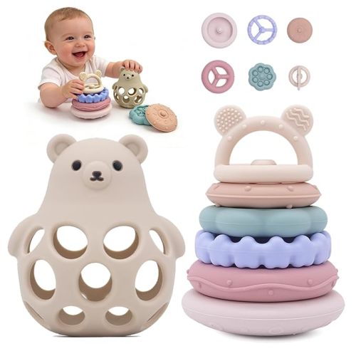 Baby Bear Teething & Stacking Toy Set - Teething Toys Silicone Teethers, Soft Baby Stacker Rings Teether, Learning Toy Gift for Boys and Girls 6+ Months (Beige)