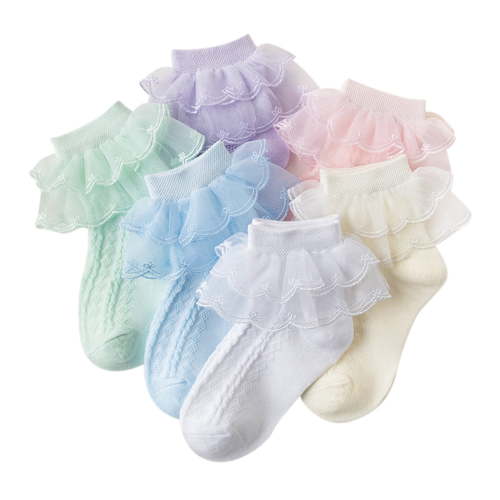 6 Pack Girls Ruffle Socks Frilly Double Lace Socks Cotton Turn Cuff Socks Toddler Pageant Socks for Girls