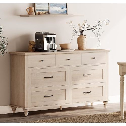 WAMPAT Beige 7 Drawers Dresser for Bedroom, Wide Chest of Drawers Kids Dresser with Solid Wood Legs, Rustic Elegant Storage Dressers Organizer for Living Room & Kids Room, 54 Inch