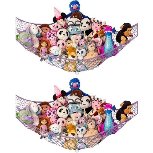 Lilly's Love Stuffed Animal Hammock | Corner Hanging Organizer, Toy Storage, Stuffed Animal Storage Net | Made from Quality Fishing Net, Holds 12lbs | 67"x47"x47" (Pastel Purple, 2 Pack)