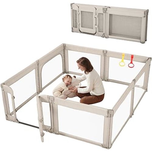 Large Baby Playpen for Babies and Toddlers 79x71 Inch, Adjustable Foldable Indoor & Outdoor Play Pen for Toddlers Twins Baby Fence Play Yards with Breathable Mesh Anti-Fall Playpen,Khaki