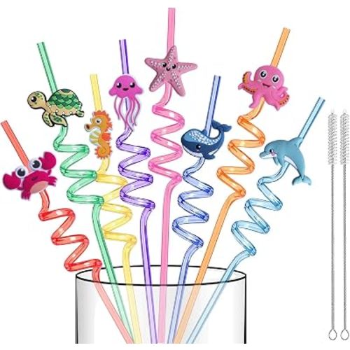 16 PCS Reusable Sea Animal Curly Drinking Straws Kids Ocean Party Favors