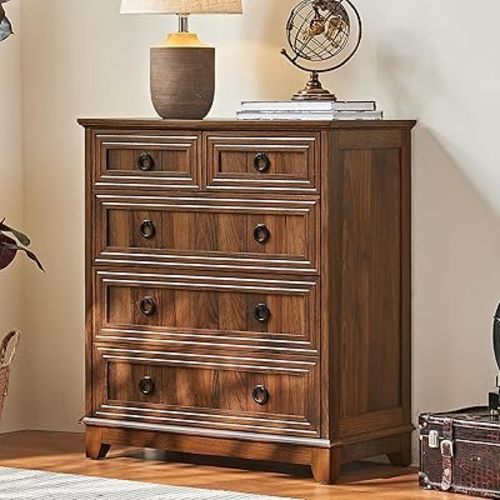 Joaxswe Farmhouse 5 Drawer Dresser for Bedroom, 33.2" Tall Small Dressers & Chest of Drawers, Rustic Wood Dresser with Metal Handle, Storage Organizer Closet for Living Room, Hallway, Entryway