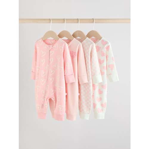 Pink Print Two Way Zip Baby Sleepsuits 4 Pack (0mths-3yrs)