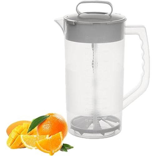 1 Pack Mixing Pitcher for Drinks, 2 Quart/ 64oz Plastic Water Pitcher with Lid and Adjustable Mixer Plunger Angled Blades for Drinks, Easy-Mix Juice Container, Powdered Milk Juice Mixing Pitcher