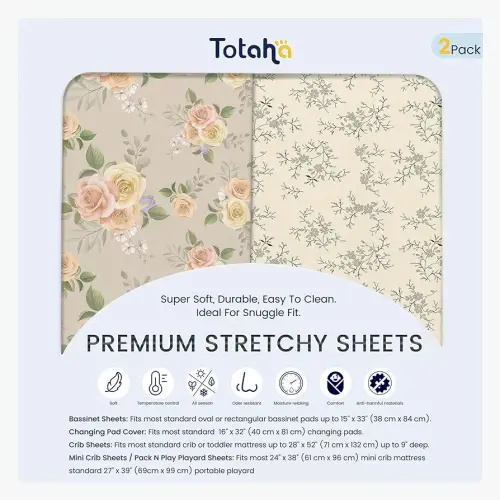 TotAha Crib Sheets for Boy Girl, Premium Soft Fitted Crib Mattress Sheet, Super Stretchy Jersey Knit Baby Bed Sheets, 28x52x9 Extra Deep Pocket, 2 Pack (Vintage Rose & Brunch)