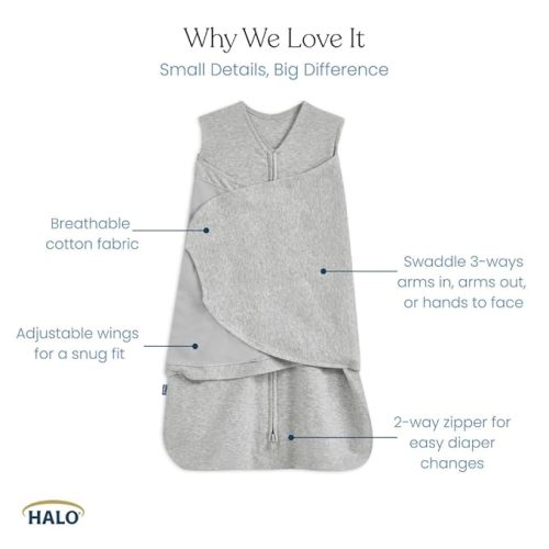 HALO 100% Cotton Sleepsack Swaddle, 3-Way Adjustable Wearable Blanket, TOG 1.5, Baby Blue, Newborn, 0-3 Months