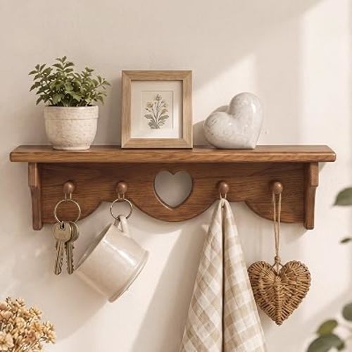 16'' Heart Floating Oak Shelf for Wall, with 4 Hooks, Rustic Decor