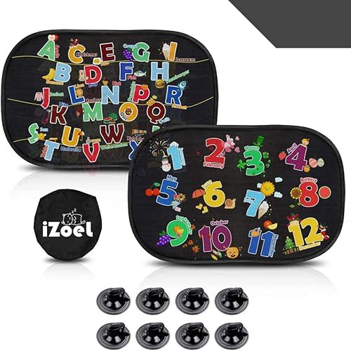 Car Sun Shade for Baby Kids 2 Pack Static Cling Side Window Car 80GSM Rear Sunshades Universal with 8 Suction Cups and Storage Bag - Sun Glare and UV Rays Protection (ABC+123)