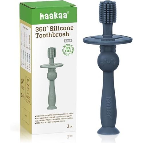 haakaa 360° Baby Toothbrush with Suction Base - Gentle Cleaning for Infant Self-Brushing Training, Food-Grade Silicone, Adjustable Safety Shield - Steel Blue (1 Piece)