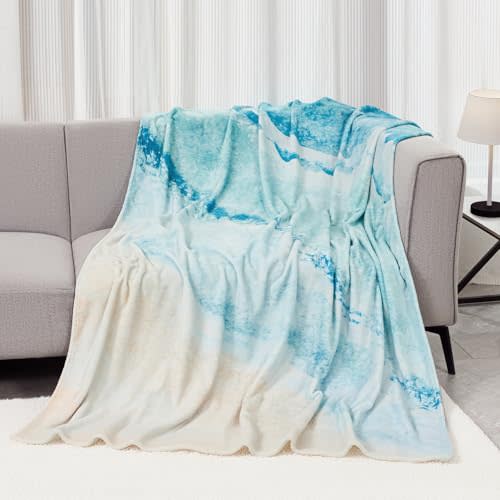 Fleece Throw Blanket Super Soft Warm Flannel Coastal Beach Child Blankets for Couch, Sofa Bed, Cozy,Fuzzy and Lightweight,Sand Wave Blue Teal,40x50 Inches