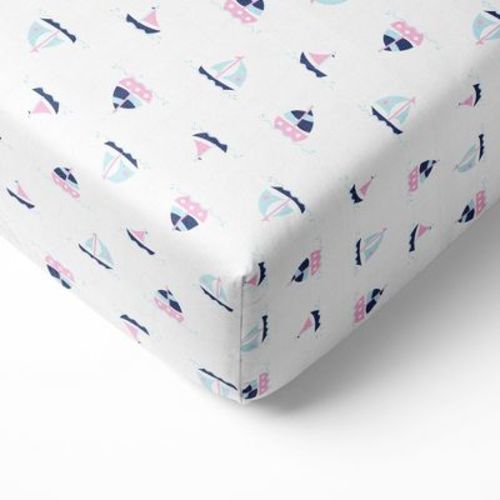 Bacati - Little Sailor Boats Girls Muslin 100 percent Cotton Universal Baby US Standard Crib or Toddler Bed Fitted Sheet