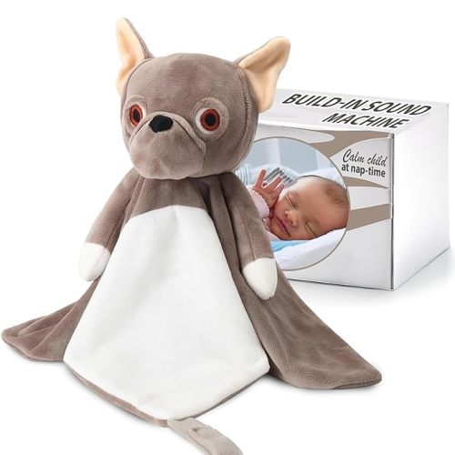 Love By Emi 4 in 1 Baby Lullaby Sleep Soother Toy - Stuffed Animal Sound Machine & Pacifier Holder | Heartbeat White Noise & Music | Plush Bulldog Lovey Sleep Aid Security Blanket (0-3 Years)