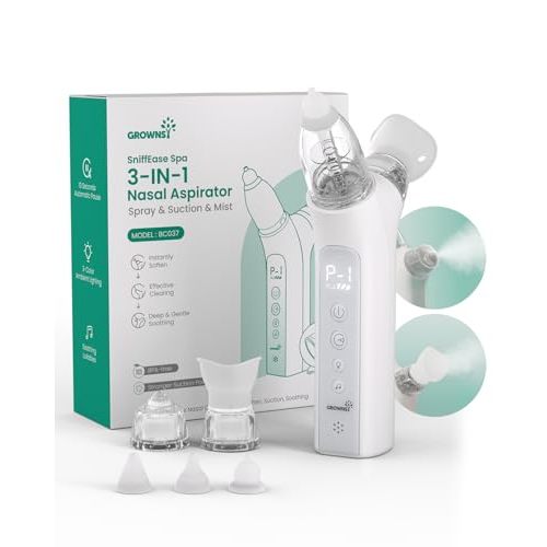 GROWNSY SniffEase Spa 3-in-1 Nasal Aspirator for Baby – Spray, Suction & Mist, Hospital-Grade Powerful Electric Nose Suction with Soothing Light & Music, Larger Chamber, Food-Grade Silicone Tips