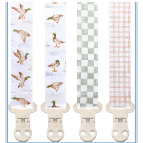 Stadela Baby Pacifier Clip Holder - Boy and Girl Unisex 4 Pack Gift Set – Neutral Checker Gingham Plaid Ducks Mallards Beige Brown and Green