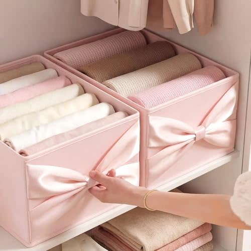 Gerrii 2 Pack Bow Storage Bins, 18.5" X 11.02" X 7.87", Bow, Pink | Foldable Fabric Basket with Bow Handles, Open Dividers for Underwear Socks, Stylish Grid Organizer for Closet Drawer Dorm