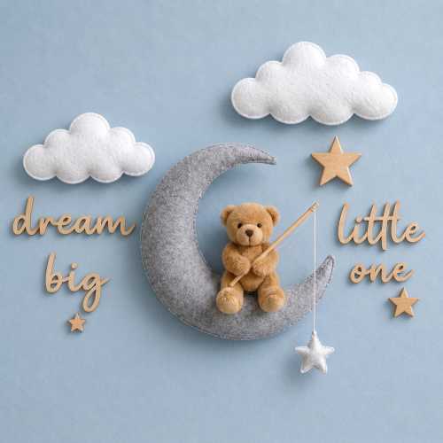 Dream Big Little One Nursery Wall Decor | Teddy Bear on Moon Wall Hanging |  Moon & Clouds Nursery Sign