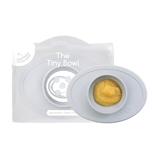 ezpz Tiny Bowl (Pewter) - 6 Months+ - 100% Silicone Suction Placemat + Bowl for Infants - Fits All Highchair Trays - Baby-Led Weaning Supplies