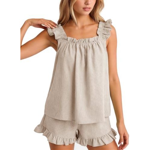 Flygo Striped Pajamas Set for Women Cotton 2 Piece Lounge Sets Ruffle Cami Top and Shorts Cute Summer Pj Sleepwear