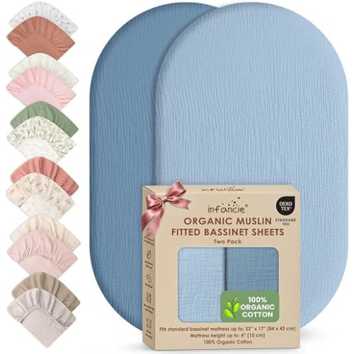 100% Organic Cotton 2 PK Baby Muslin Bassinet Sheets Unisex 33x17 in
