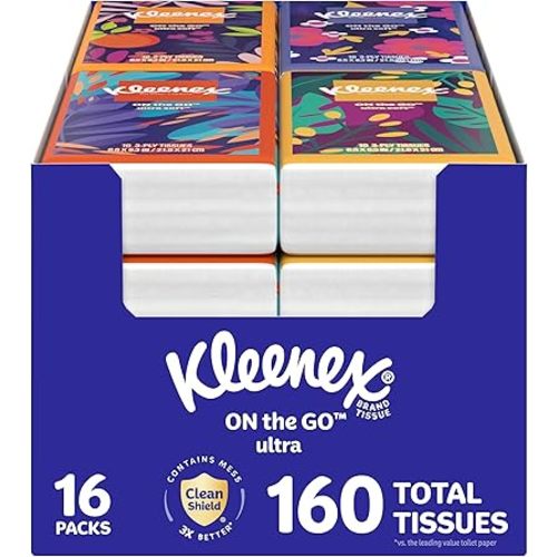 Kleenex On-The-Go Facial Tissues, 16 On-The-Go Packs, 10 per Box, 3-Ply (160 Total), Packaging May Vary