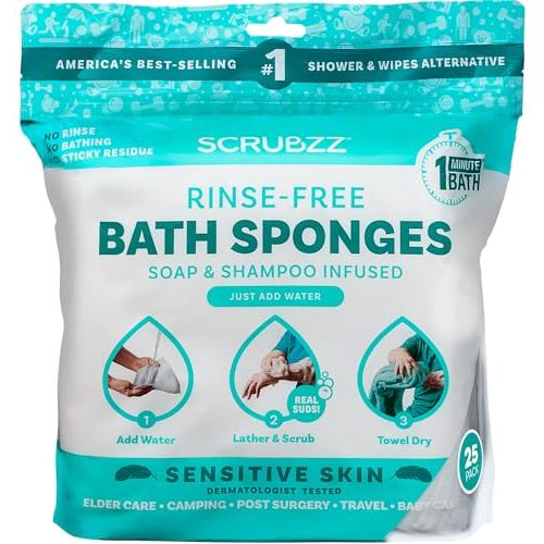 Scrubzz Disposable No Rinse Bathing Wipes for Senstive Skin - 25 Pack - All-in-1 Single Use Shower Wipes, Simply Dampen, Lather, and Dry Without Shampoo or Rinsing (Sensitive Skin, 1-Pack)