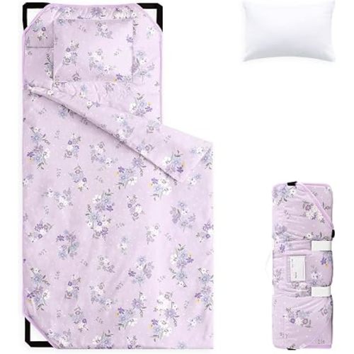 Wake In Cloud - Cot Nap Mat with Pillow and Blanket, 100% Cotton Fabric, for Toddler Kids Girls Ages 3 Plus in Daycare Kindergarten Preschool with Elastic Corner Straps, Floral Flowers