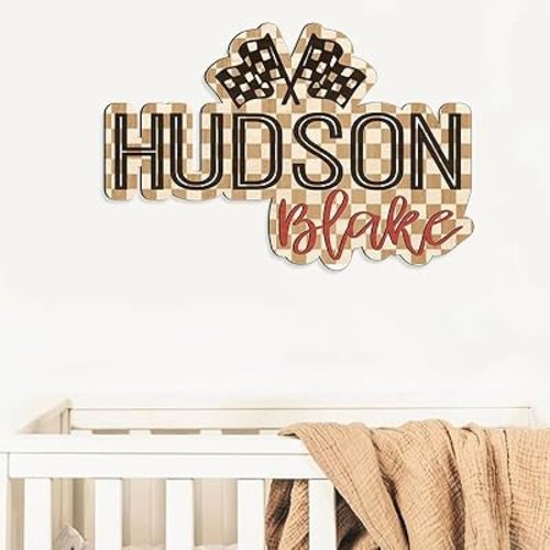 Personalized Racing Nursery Name Sign, Custom Checkered Flag Kids Room Wall Decor, Race Car Retro Boys Girls 3D Layered Name Sign, for Children's Bedroom Playroom, Baby Shower, Boho Rustic Wood