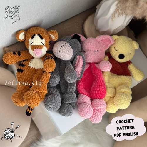 4 in 1 Winnie the Pooh, Piglet, Donkey, Tiger Crochet Pattern Amigurumi Comforter (PDF English)