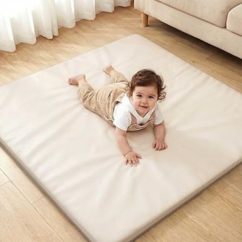 Joypony Baby Play Mat for Floor 50x50, 1.5” Thick Vegan Leather Crawling Mat with Removable Cover, Waterproof Playpen Mat for Infants and Toddlers, Wipe-Clean Kids Playmat, Cream