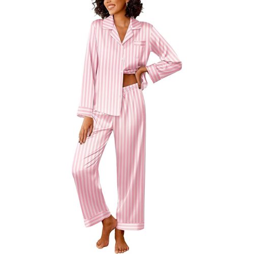 Ekouaer Womens Silk Satin Pajama Sets 2 Piece Sleepwear Pjs Set Long Sleeve Button Down Top and Pants Stripe Loungewear S-XXL