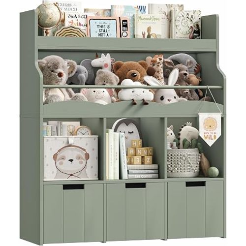 HITHOS Kids Toy Storage Organizer with Bookshelf and 3 Movable Bins, Green