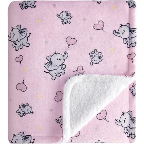 DaysU Plush Flannel Sherpa Baby Blanket for Girls Boys, Portable Reversible Soft Micro Fleece Baby Crib Throw Blanket with Animal Print for Newborn and Nursery, Elephant, 30"x40"