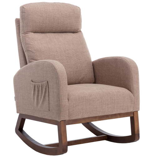 PAPROOS Rocking Nursery Chair, Linen Fabric Glider Chair with Wood Legs and Side Pocket, High Backrest Rocker Accent Chair Upholstered Armchair for Living Room, Camel