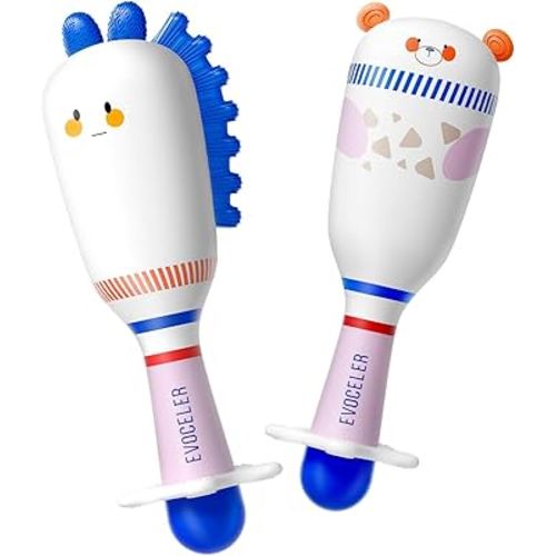 Evoceler Baby Toys, 2 Pac Bear Rattles & Shaker Toys with Teether, Sensory Toys for 0+M Babies, Soft Silicone BPA Free, Perfect Size for Grasp and Shake, Ideal Baby Boy Girl Toy Gift