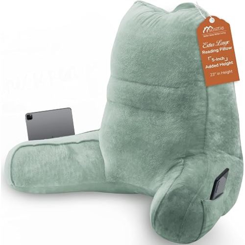 Sasttie Reading Pillow for Bed - 23 Inch, Back Pillow for Bed Sitting Up, Back-Rest Support Cushion with Side Pockets and Arms, Dorm Essentials, Oeko-Tex Certified, Sage