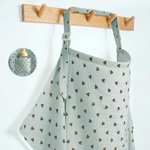 Muslin Nursing Covers for Breastfeeding, Arch Neckline Breast Feeding Covers for Women, Moms Privacy Breathable Summer Nursing Apron, 43.3" x 25.6" Soft Feeding Cover (Mint Green Heart)
