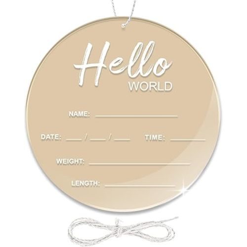 Baby Announcement Sign, 6.7 Inch Hello World Newborn Sign, Thickness Upgrade Birth Announcement Sign for Hospital, Nursery Baby Shower (Cream)