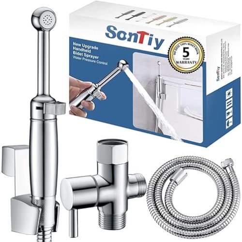 SonTiy Brass Handheld Bidet Sprayer for Toilet, All Metal Cloth Diaper Toilet Sprayer Bidet Attachment with Backflow Preventer, Adjustable Water Jet Spray, 7.2" Bidet Wand, Chrome