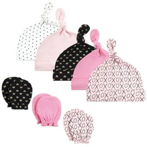 Hudson Baby Infant Girl Cotton Cap and Scratch Mitten Set, Xoxo, 0-6 Months