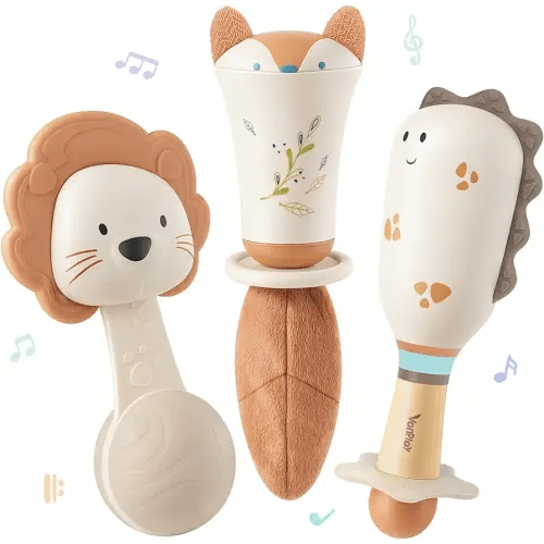Baby Rattles - Teething Toys 3-6 Months, Baby Toys 0-6 Months, Sensory Toys for Newborn Babies, Rattles for Babies 0-6 Months, Neutral Color Baby Shower Gift (3PCS)