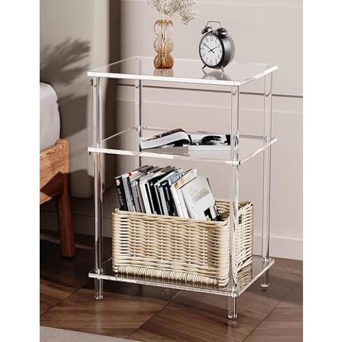 Acrylic Side Table Clear 3-Tier End Table for Living Room, Office, Hallway, Bedroom Small Bedside Table