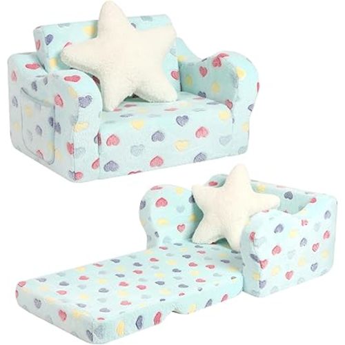 Toddler Couch, 2-in-1 Toddler Soft Couch Fold Out with Star Pillow, Convertible Sofa to Lounger for Girls and Boys, 1-Seat