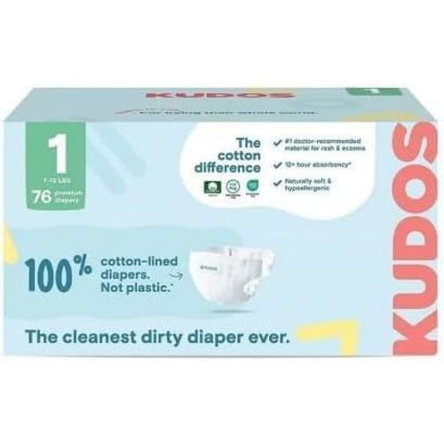 Kudos Chlorine Free Premium Diapers, Cotton-Lined, Size 1, 76 Count, 7-12 lbs