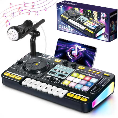 Carsky DJ Mixer for Kids with Microphone&Bluetooth, Light up DJ turntable with 12 MIDI, DJ Mixing Controller for Beginners, Musical Instruments Toys Birthday Christmas Gift for Boys&Girls 5 6 7+
