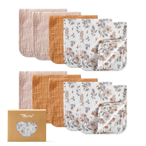 TILLYOU Muslin Burp Cloths Baby Boy Girl 20" x 10", 6-Layer Absorbent 100% Cotton Burping Cloths Large Soft, 10 Pack(Yellow Flower)