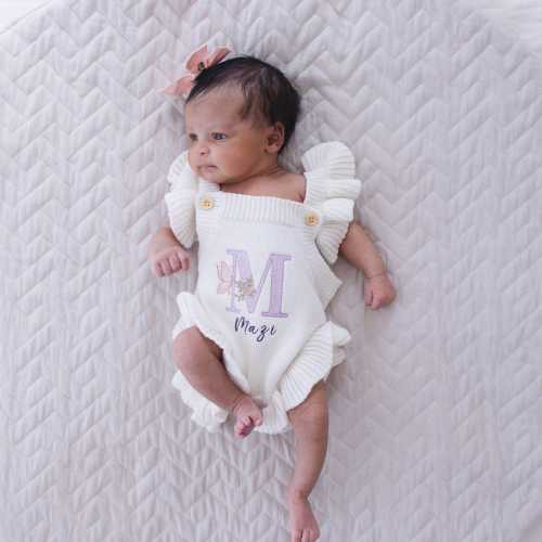 Personalized Knit Baby Romper | Embroidered Butterfly, Custom Name, Cotton Newborn Outfit
